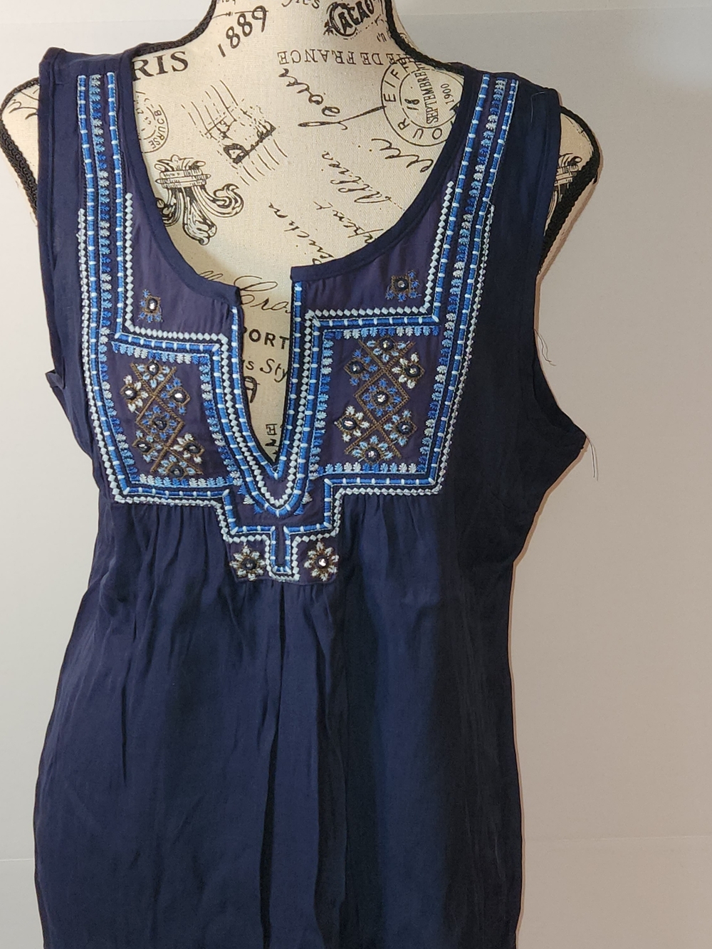 Boho Navy Embroidered Sleeveless V-Neck Tunic